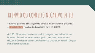 REENVIO OU CONFLITO NEGATIVO DE LEI
→ É uma grande abstração do direito internacional privado.
→ É PROIBIDO no direito brasileiro (art. 16, LICC).
Art. 16. Quando, nos termos dos artigos precedentes, se
houver de aplicar a lei estrangeira, ter-se-á em vista a
disposição desta, sem considerar-se qualquer remissão por
ela feita a outra lei.
 