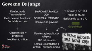 Denúncias de
“esquerdismo”
Medo de uma Revolução
Socialista no país
Classe média =
protestos
Mobilização militar
MARCHA DA FAMÍLIA
COM
DEUS PELA LIBERDADE
Oposição ao governo
Manifestação político-
religiosa
300 mil pessoas
Lemas =moralidade +
ordem +anticomunismo
31 de março de 1964
Tropas de MG se
deslocando para o RJ
Golpe Militar
GoveRno De Jango
 