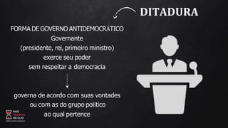 DITADURA
FORMA DE GOVERNO ANTIDEMOCRÁTICO
Governante
(presidente, rei, primeiro ministro)
exerce seu poder
sem respeitar a democracia
governa de acordo com suas vontades
ou com as do grupo político
ao qual pertence
 