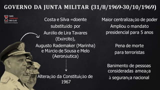 GOVERNO DA JUNTA MILITAR (31/8/1969-30/10/1969)
Costa e Silva =doente
substituído por
Aurélio de Lira Tavares
(Exército),
Augusto Rademaker (Marinha)
e Márcio de Sousa e Melo
(Aeronáutica)
Alteração da Constituição de
1967
Maior centralização de poder
Ampliou o mandato
presidencial para 5 anos
Pena de morte
para terroristas
Banimento de pessoas
consideradas ameaça
à segurança nacional
 
