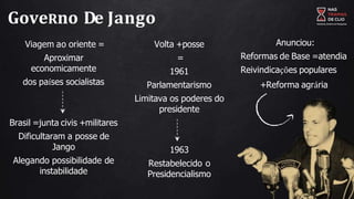 Viagem ao oriente =
Aproximar
economicamente
dos países socialistas
Brasil =junta civis +militares
Dificultaram a posse de
Jango
Alegando possibilidade de
instabilidade
Volta +posse
=
1961
Parlamentarismo
Limitava os poderes do
presidente
1963
Restabelecido o
Presidencialismo
Anunciou:
Reformas de Base =atendia
Reivindicações populares
+Reforma agrária
GoveRno De Jango
 