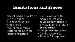 Limitations and graces
• Social media population
• No pre-notice
• No second notice
• Not piloted
• We’ve made value
statements on these
questions before
• Diverse group with
many experts who
could be considered in
any study on the future
of education
• Geographically diverse
• Candid responses
• Thoughtful responses
 