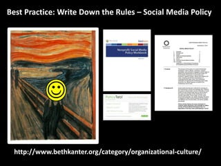 Best Practice: Write Down the Rules – Social Media Policy 
 
http://www.bethkanter.org/category/organizational-culture/  