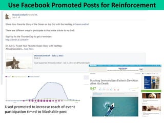 Use Facebook Promoted Posts for Reinforcement 
Used promoted to increase reach of event participation timed to Mashable post  