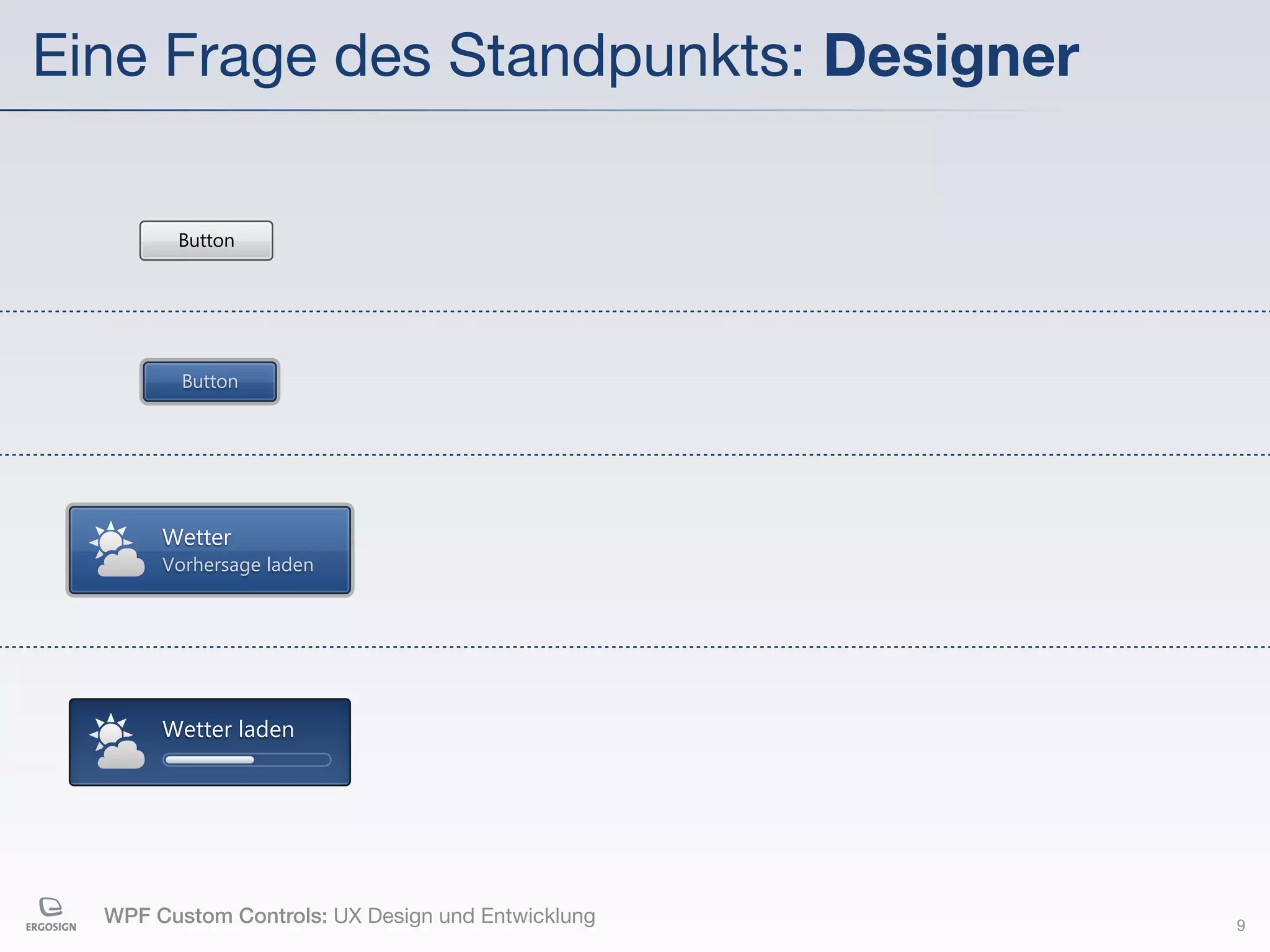 Eine Frage des Standpunkts: Designer

        Button




         Button




       Wetter
       Vorhersage laden




       Wetter laden




  WPF Custom Controls: UX Design und Entwicklung   9
 