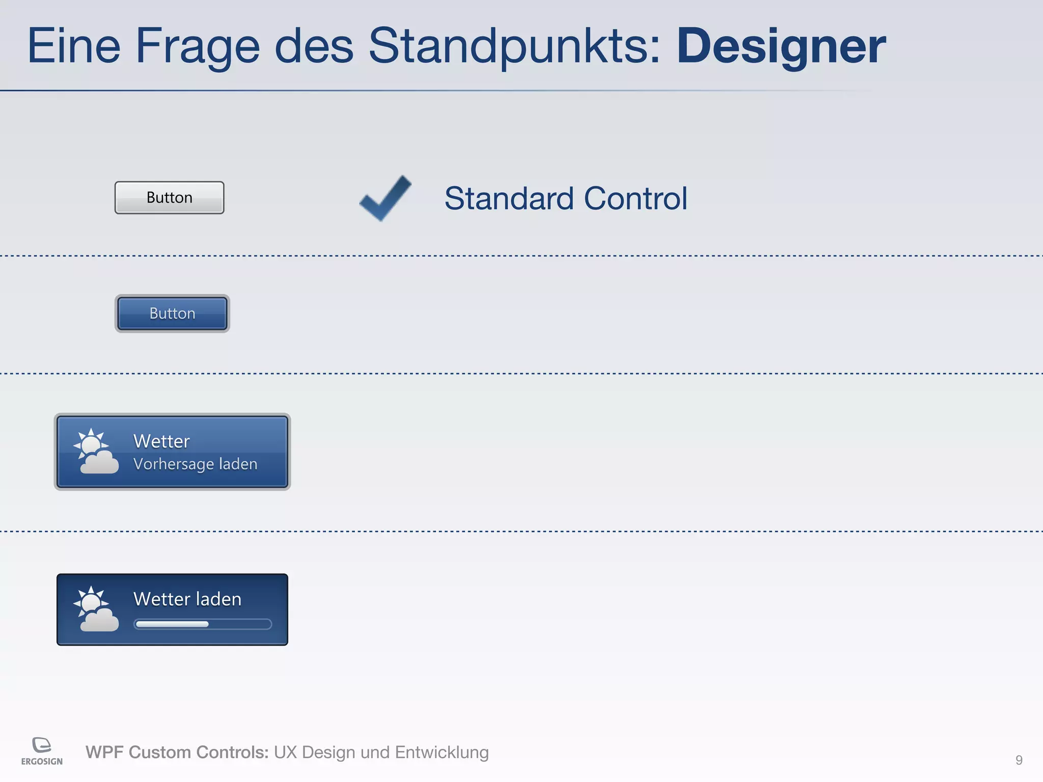 Eine Frage des Standpunkts: Designer

        Button                            Standard Control


         Button




       Wetter
       Vorhersage laden




       Wetter laden




  WPF Custom Controls: UX Design und Entwicklung             9
 