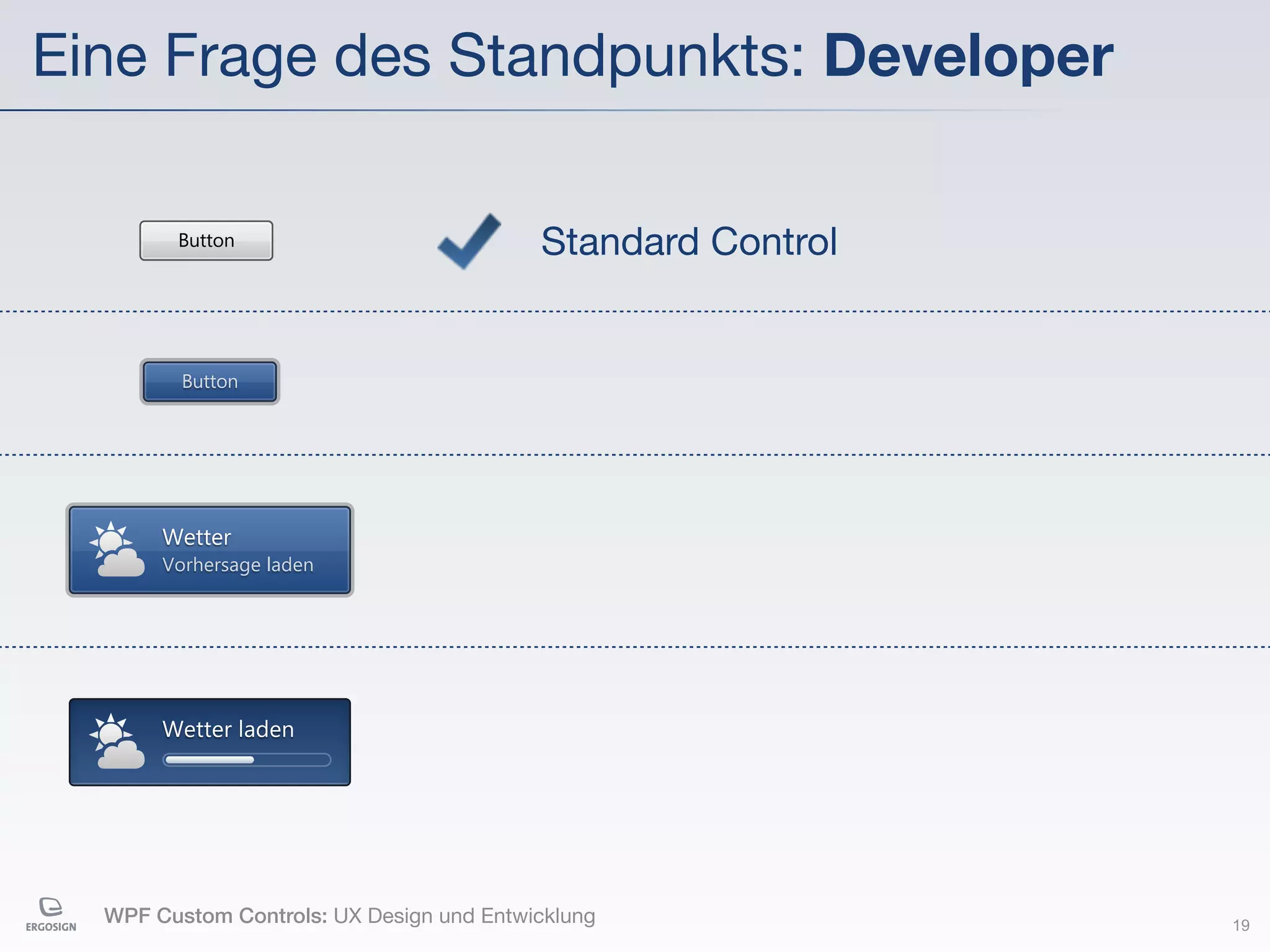 Eine Frage des Standpunkts: Developer

        Button                            Standard Control


         Button




       Wetter
       Vorhersage laden




       Wetter laden




  WPF Custom Controls: UX Design und Entwicklung             19
 