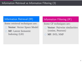 Information Retrieval vs Information Filtering (3)
Information Retrieval (IR)
Some retrieval techniques are:
Vector: Vector Space Model
MF: Latent Semantic
Indexing (LSI)
Information Filtering (IF)
Some CF techniques are:
Vector: Pairwise similarities
(cosine, Pearson)
MF: SVD, NMF
4
 