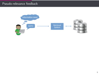 Pseudo-relevance feedback
Information need
query Retrieval
System
8
 