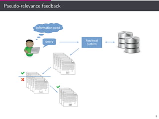 Pseudo-relevance feedback
Information need
query Retrieval
System
8
 