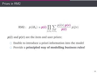 Priors in RM2
RM2 : p(i|Ru) ∝ p(i)
j∈Iu v∈Vu
p(i|v) p(v)
p(i)
p(j|v)
p(i) and p(v) are the item and user priors:
Enable to introduce a priori information into the model
Provide a principled way of modelling business rules!
18
 