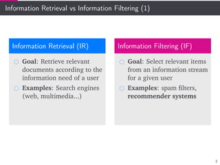 Information Retrieval vs Information Filtering (1)
Information Retrieval (IR)
Goal: Retrieve relevant
documents according to the
information need of a user
Examples: Search engines
(web, multimedia...)
Information Filtering (IF)
Goal: Select relevant items
from an information stream
for a given user
Examples: spam ﬁlters,
recommender systems
2
 