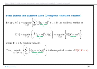 Arthur CHARPENTIER, Advanced Econometrics Graduate Course, Winter 2017, Université de Rennes 1
Least Squares and Expected Value (Orthogonal Projection Theorem)
Let y ∈ Rd
, y = argmin
m∈R



n
i=1
1
n
yi − m
εi
2



. It is the empirical version of
E[Y ] = argmin
m∈R



y − m
ε
2
dF(y)



= argmin
m∈R



E (Y − m
ε
)2



where Y is a 1 random variable.
Thus, argmin
m(·):Rk→R



n
i=1
1
n
yi − m(xi)
εi
2



is the empirical version of E[Y |X = x].
@freakonometrics 16
 