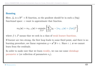 Arthur CHARPENTIER, Advanced Econometrics Graduate Course, Winter 2017, Université de Rennes 1
Boosting
Here, fk is a Rd
→ R function, so the gradient should be in such a (big)
functional space → want to approximate that function.
mk(x) = mk−1(x) + argmin
f∈F
n
i=1
(yi − [mk−1(x) + f(x)])2
where f ∈ F means that we seek in a class of weak learner functions.
If learner are two strong, the ﬁrst loop leads to some ﬁxed point, and there is no
learning procedure, see linear regression y = xT
β + ε. Since ε ⊥ x we cannot
learn from the residuals.
In order to make sure that we learn weakly, we can use some shrinkage
parameter ν (or collection of parameters νj).
@freakonometrics 69
 