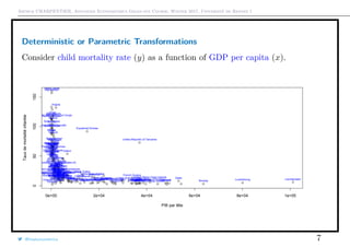 Arthur CHARPENTIER, Advanced Econometrics Graduate Course, Winter 2017, Université de Rennes 1
Deterministic or Parametric Transformations
Consider child mortality rate (y) as a function of GDP per capita (x).
q
q
q
q
q
q
q
q
qq
q
q
q
q
qq
q
q
q
qq
q
q
q
q
q
q
q
q
q
q
q
q
q
q q
q
q
q
q
q
qq
q
qq qq
q
q
q
q
q
q
q
q
q
q
q
q
q
qq
q
q
q
q
q
q
q
q
q q
q
qq
q
q
q
q
q
q
q
q
q
q
q
q
q
q
q q
q
q
q
q
q
q
q
qq
q
q
q
q
q
q
q
q
q
q
q
q
q
q
q
q
q
q
q
q
q
q
q
q
q
q
q
q
q
q q
q
qq
q
q
q
q
q
q
q
q
q
qq
q q q q
q
q
q qq
q
q
qq
q
q
q
q
q
q
q
q q
q
q
q
q
q
q
q
q
q q
q
q
q
q
q
q
q
q
q
q
q
q
q
q
q
q
q
q
q
q
q
q
q
q
q
q
q
q
q
0e+00 2e+04 4e+04 6e+04 8e+04 1e+05
050100150
PIB par tête
Tauxdemortalitéinfantile
Afghanistan
Albania
Algeria
American.Samoa
Angola
Argentina
Armenia
Austria
Azerbaijan
Bahamas
Bangladesh
Belarus
Belgium
Belize
Benin
BhutanBolivia
Bosnia.and.Herzegovina
Brunei.Darussalam
Bulgaria
Burkina.Faso
Cambodia
Canada
Cape.Verde
Central.African.Republic
Chad
Channel.Islands Chile
China
Comoros
Congo
Cook.Islands
Côte.dIvoire
Cuba CyprusCzech.Republic
Korea
Democratic.Republic.of.the.Congo
Denmark
Djibouti
Egypt
El.Salvador
Equatorial.Guinea
Estonia
Fiji
FinlandFrance
French.Guiana
French.Polynesia
Gabon
Gambia
Ghana
Gibraltar
Greece
Grenada
Guam
Guatemala
Guinea
Guinea−Bissau
Guyana
Haiti
Honduras
India
Indonesia
Iran
IrelandIsrael Italy
Jamaica
Japan
Jordan
Kazakhstan
Kenya
Kyrgyzstan
Laos
Latvia
Lesotho
Libyan.Arab.Jamahiriya
Liechtenstein
Lithuania
Luxembourg
Madagascar
Malawi
Malaysia
Malta
Marshall.Islands
Martinique
Mauritius
Micronesia.(Federated.States.of)
Mongolia
Montenegro
Morocco
Mozambique
Myanmar
Namibia
Netherlands
Netherlands.Antilles
New.Caledonia
Nicaragua
Nigeria
Niue
Norway
Occupied.Palestinian.Territory
Oman
Pakistan
Papua.New.Guinea
Paraguay
Peru
Poland Puerto.Rico Qatar
Republic.of.Korea
Republic.of.Moldova
RéunionRomaniaRussian.Federation
Saint.Vincent.and.the.GrenadinesSamoa
San.Marino
Saudi.Arabia
Serbia
Sierra.Leone
Singapore
Slovakia Slovenia
Solomon.Islands
Somalia
Sri.Lanka
Sudan
Suriname
Sweden
Syrian.Arab.Republic
Tajikistan
Thailand
Macedonia
Timor−Leste
Togo
Tunisia
Turkey
Turkmenistan
Tuvalu
Ukraine
United.Arab.Emirates
United.Kingdom
United.Republic.of.Tanzania
United.States.of.America
United.States.Virgin.Islands
Uruguay
Venezuela
Viet.Nam
YemenZimbabwe
@freakonometrics 7
 