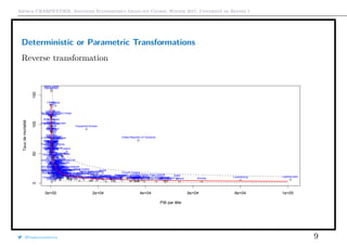 Arthur CHARPENTIER, Advanced Econometrics Graduate Course, Winter 2017, Université de Rennes 1
Deterministic or Parametric Transformations
Reverse transformation
q
q
q
q
q
q
q
q
qq
q
q
q
q
qq
q
q
q
qq
q
q
q
q
q
q
q
q
q
q
q
q
q
q q
q
q
q
q
q
qq
q
qq qq
q
q
q
q
q
q
q
q
q
q
q
q
q
qq
q
q
q
q
q
q
q
q
q q
q
qq
q
q
q
q
q
q
q
q
q
q
q
q
q
q
q q
q
q
q
q
q
q
q
qq
q
q
q
q
q
q
q
q
q
q
q
q
q
q
q
q
q
q
q
q
q
q
q
q
q
q
q
q
q
q q
q
qq
q
q
q
q
q
q
q
q
q
qq
q q q q
q
q
q qq
q
q
qq
q
q
q
q
q
q
q
q q
q
q
q
q
q
q
q
q
q q
q
q
q
q
q
q
q
q
q
q
q
q
q
q
q
q
q
q
q
q
q
q
q
q
q
q
q
q
q
0e+00 2e+04 4e+04 6e+04 8e+04 1e+05
050100150
PIB par tête
Tauxdemortalité
Afghanistan
Albania
Algeria
American.Samoa
Angola
Argentina
Armenia
Aruba
AustraliaAustria
Azerbaijan
Bahamas
Bahrain
Bangladesh
BarbadosBelarus
Belgium
Belize
Benin
BhutanBolivia
Bosnia.and.Herzegovina
Botswana
Brazil
Brunei.Darussalam
Bulgaria
Burkina.Faso
Burundi
Cambodia
Cameroon
Canada
Cape.Verde
Central.African.Republic
Chad
Channel.Islands Chile
China
Hong.Kong
Colombia
Comoros
Congo
Cook.IslandsCosta.Rica
Côte.dIvoire
CroatiaCuba CyprusCzech.Republic
Korea
Democratic.Republic.of.the.Congo
Denmark
Djibouti
Dominican.Republic
Ecuador
Egypt
El.Salvador
Equatorial.Guinea
Eritrea
Estonia
Ethiopia
Fiji
FinlandFrance
French.Guiana
French.Polynesia
Gabon
Gambia
Georgia
Germany
Ghana
Gibraltar
GreeceGreenland
Grenada
GuadeloupeGuam
Guatemala
Guinea
Guinea−Bissau
Guyana
Haiti
Honduras
Hungary
Iceland
India
Indonesia
Iran
Iraq
Ireland
Isle.of.Man
Israel Italy
Jamaica
Japan
Jordan
Kazakhstan
Kenya
Kiribati
Kuwait
Kyrgyzstan
Laos
Latvia
Lebanon
Lesotho
Liberia
Libyan.Arab.Jamahiriya
Liechtenstein
Lithuania
Luxembourg
Madagascar
Malawi
Malaysia
Maldives
Mali
Malta
Marshall.Islands
Martinique
Mauritania
Mauritius
Mexico
Micronesia.(Federated.States.of)
Mongolia
Montenegro
Morocco
Mozambique
Myanmar
Namibia
Nepal
Netherlands
Netherlands.Antilles
New.CaledoniaNew.Zealand
Nicaragua
NigerNigeria
Niue
Norway
Occupied.Palestinian.Territory
Oman
Pakistan
Palau
Panama
Papua.New.Guinea
Paraguay
Peru
Philippines
Poland PortugalPuerto.Rico Qatar
Republic.of.Korea
Republic.of.Moldova
RéunionRomaniaRussian.Federation
Rwanda
Saint.Lucia
Saint.Vincent.and.the.GrenadinesSamoa
San.Marino
Sao.Tome.and.Principe
Saudi.Arabia
Senegal
Serbia
Sierra.Leone
Singapore
Slovakia Slovenia
Solomon.Islands
Somalia
South.Africa
Spain
Sri.Lanka
Sudan
Suriname
Swaziland
Sweden Switzerland
Syrian.Arab.Republic
Tajikistan
Thailand
Macedonia
Timor−Leste
Togo
Tonga
Trinidad.and.Tobago
Tunisia
Turkey
Turkmenistan
Turks.and.Caicos.Islands
Tuvalu
Uganda
Ukraine
United.Arab.Emirates
United.Kingdom
United.Republic.of.Tanzania
United.States.of.America
United.States.Virgin.Islands
Uruguay
Uzbekistan
Vanuatu
Venezuela
Viet.Nam
Western.Sahara
Yemen
Zambia
Zimbabwe
@freakonometrics 9
 