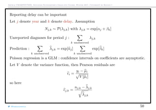 Arthur CHARPENTIER, Advanced Econometrics Graduate Course, Winter 2017, Université de Rennes 1
Reporting delay can be important
Let j denote year and k denote delay. Assumption
Nj,k ∼ P(λj,k) with λj,k = exp[αj + βk]
Unreported diagnoses for period j :
k unobserved
λj,k
Prediction :
k unobserved
λj,k = exp[αj]
k unobserved
exp[βk]
Poisson regression is a GLM : conﬁdence intervals on coeﬃcients are asymptotic.
Let V denote the variance function, then Pearson residuals are
i =
yi − µi
V [µi]
so here
j,k =
nj,k − λj,k
λj,k
@freakonometrics 50
 