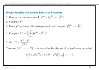 Arthur CHARPENTIER, Advanced Econometrics Graduate Course, Winter 2017, Université de Rennes 1
Pivotal Function and Double Bootstrap Procedure
1. Generate a bootstrap sample y(b)
= {y
(b)
1 , · · · , y
(b)
n }
2. Compute θ(b)
3. From y(b)
generate β bootstrap sample, and compute {θ
(b)
1 , · · · , θ
(b)
β }
4. Compute v(b)
=
1
β
β
j=1
θ
(b)
j − θ
(b) 2
5. Set z(b)
=
θ(b)
− θ
√
v(b)
Then use {z(1)
, · · · , z(B)
} to estimate the distribution of z’s (and some quantiles).
P θ +
√
vz
(B)
α/2 ≤ θ ≤ θ +
√
vz
(B)
1−α/2 = 1 − α
@freakonometrics 55
 