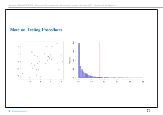 Arthur CHARPENTIER, Advanced Econometrics Graduate Course, Winter 2017, Université de Rennes 1
More on Testing Procedures
q
q
q
q
q
q
q q
q
q
q
q
q
q
qq
q
q
q
q
q
q
q
q
q
q
q
q
q
q
−1 0 1 2
−2−1012
Frequency
0.0 0.1 0.2 0.3 0.4 0.5
0200400600800
@freakonometrics 74
 
