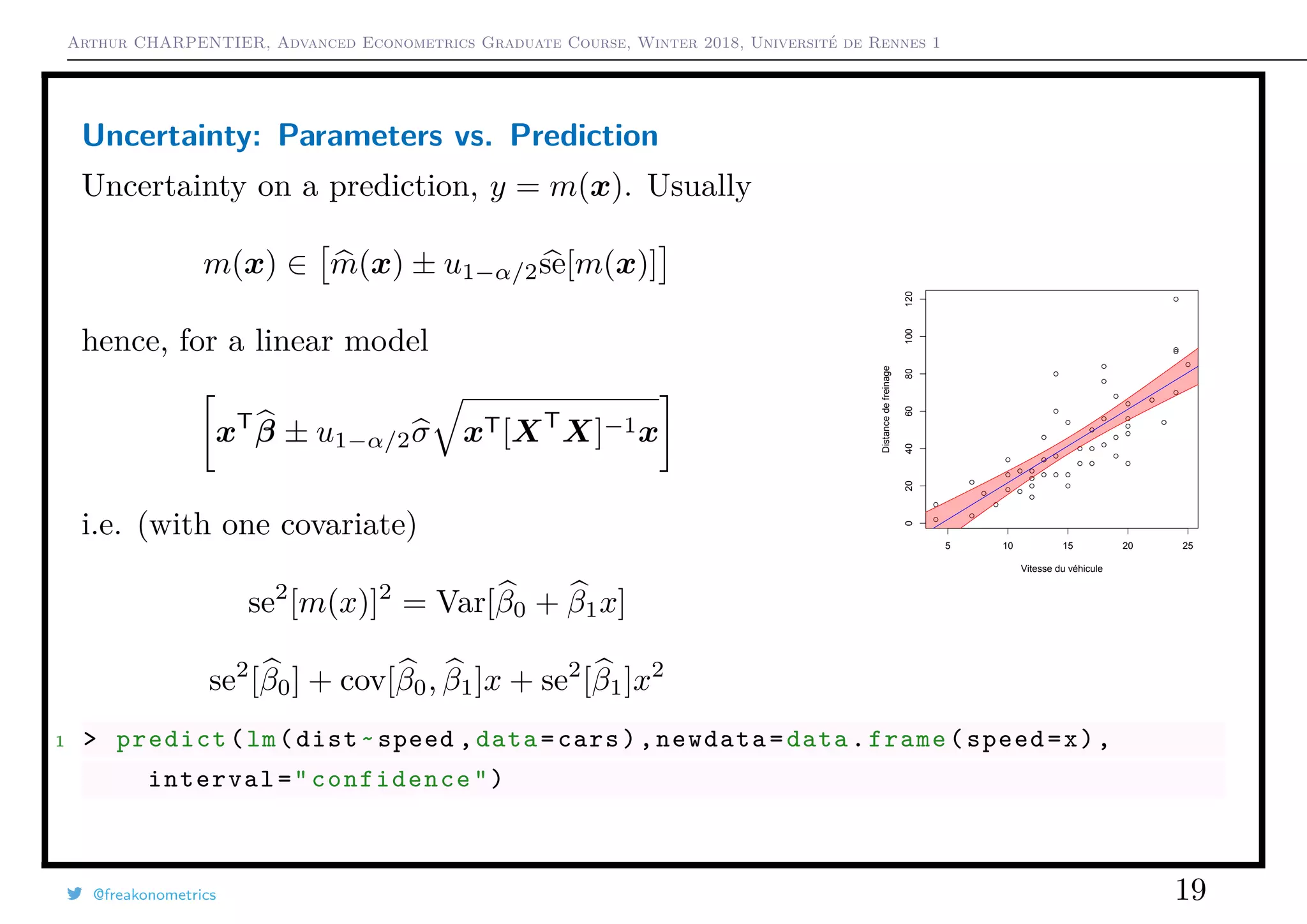 Arthur CHARPENTIER, Advanced Econometrics Graduate Course, Winter 2018, Université de Rennes 1
Uncertainty: Parameters vs. Prediction
Uncertainty on a prediction, y = m(x). Usually
m(x) ∈ m(x) ± u1−α/2se[m(x)]
hence, for a linear model
xT
β ± u1−α/2σ xT[XT
X]−1x
i.e. (with one covariate)
se2
[m(x)]2
= Var[β0 + β1x]
se2
[β0] + cov[β0, β1]x + se2
[β1]x2
q
q
q
q
q
q
q
q
q
q
q
q
q
q
q
q
qq
q
q
q
q
q
q
q
q
q
q
q
q
q
q
q
q
q
q
q
q
q
q
q
q
q
q
q
q
qq
q
q
5 10 15 20 25
020406080100120
Vitesse du véhicule
Distancedefreinage
1 > predict(lm(dist~speed ,data=cars),newdata=data.frame(speed=x),
interval="confidence")
@freakonometrics 19
 