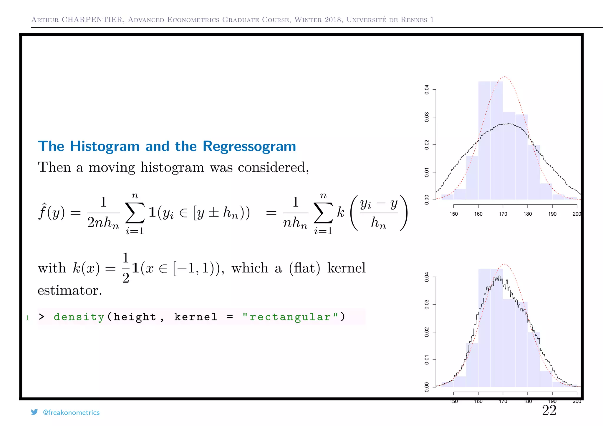 Arthur CHARPENTIER, Advanced Econometrics Graduate Course, Winter 2018, Université de Rennes 1
The Histogram and the Regressogram
Then a moving histogram was considered,
ˆf(y) =
1
2nhn
n
i=1
1(yi ∈ [y ± hn)) =
1
nhn
n
i=1
k
yi − y
hn
with k(x) =
1
2
1(x ∈ [−1, 1)), which a (ﬂat) kernel
estimator.
1 > density(height , kernel = " rectangular ")
150 160 170 180 190 200
0.000.010.020.030.04
150 160 170 180 190 200
0.000.010.020.030.04
@freakonometrics 22
 