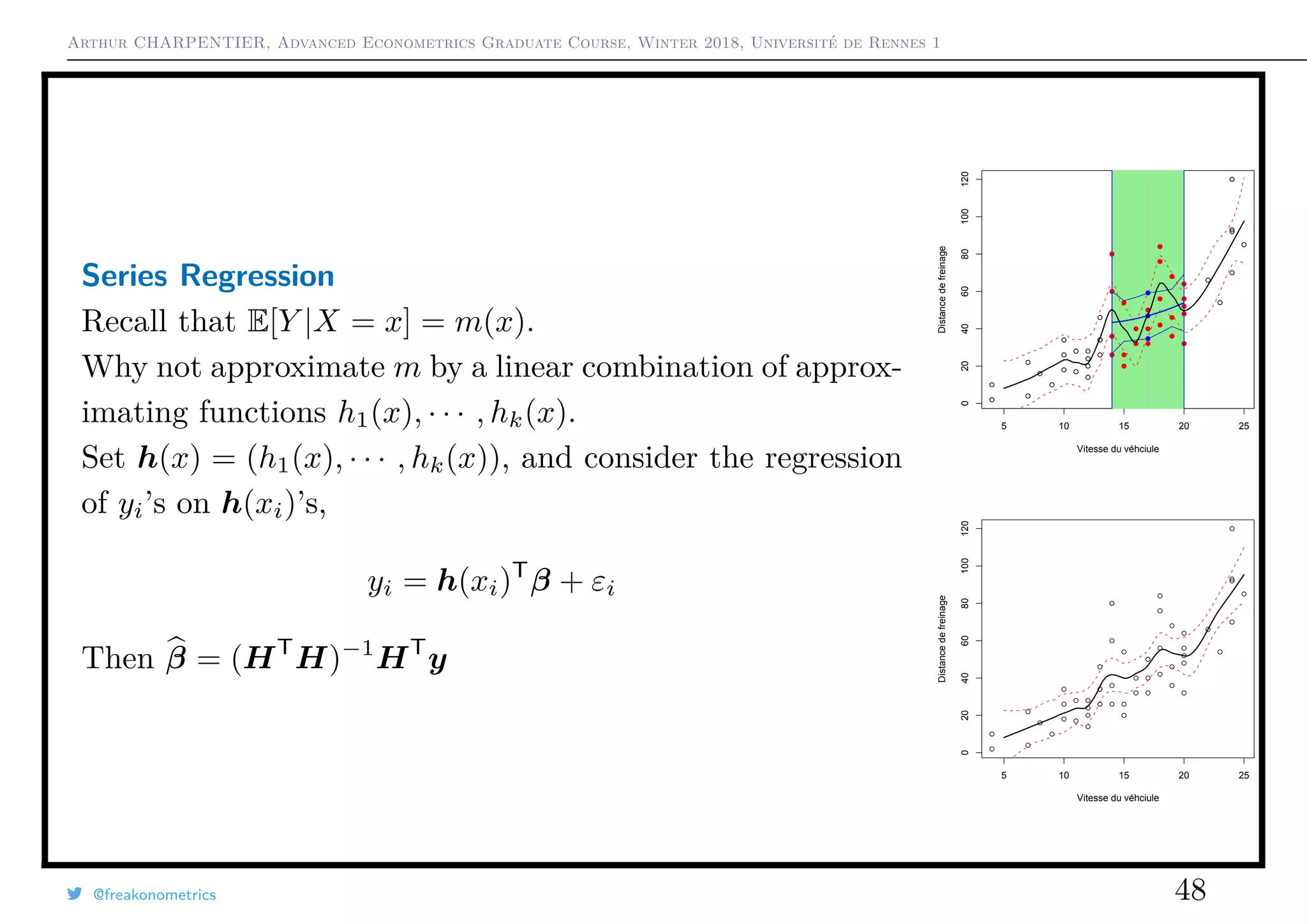 Arthur CHARPENTIER, Advanced Econometrics Graduate Course, Winter 2018, Université de Rennes 1
Series Regression
Recall that E[Y |X = x] = m(x).
Why not approximate m by a linear combination of approx-
imating functions h1(x), · · · , hk(x).
Set h(x) = (h1(x), · · · , hk(x)), and consider the regression
of yi’s on h(xi)’s,
yi = h(xi)T
β + εi
Then β = (HT
H)−1
HT
y
q
q
q
q
q
q
q
q
q
q
q
q
q
q
q
q
qq
q
q
q
q
q
q
q
q
q
q
q
q
q
q
q
q
q
q
q
q
q
q
q
q
q
q
q
q
qq
q
q
5 10 15 20 25
020406080100120
Vitesse du véhciule
Distancedefreinage
q
q
q
q
q
q
q
q
q
q
q
q
q
q
q
q
qq
q
q
q
q
q
q
q
q
q
q
q
q
q
q
q
q
q
q
q
q
q
q
q
q
q
q
q
q
qq
q
q
q
q
q
q
q
q
q
q
q
q
q
q
q
q
q
q
q
q
q
q
q
q
q
q
q
q
q
q
q
q
q
q
q
q
q
q
q
q
q
q
q
q
q
qq
q
q
q
q
q
q
q
q
q
q
q
q
q
q
q
q
q
q
q
q
q
q
q
q
q
q
q
q
qq
q
q
5 10 15 20 25
020406080100120
Vitesse du véhciule
Distancedefreinage
@freakonometrics 48
 