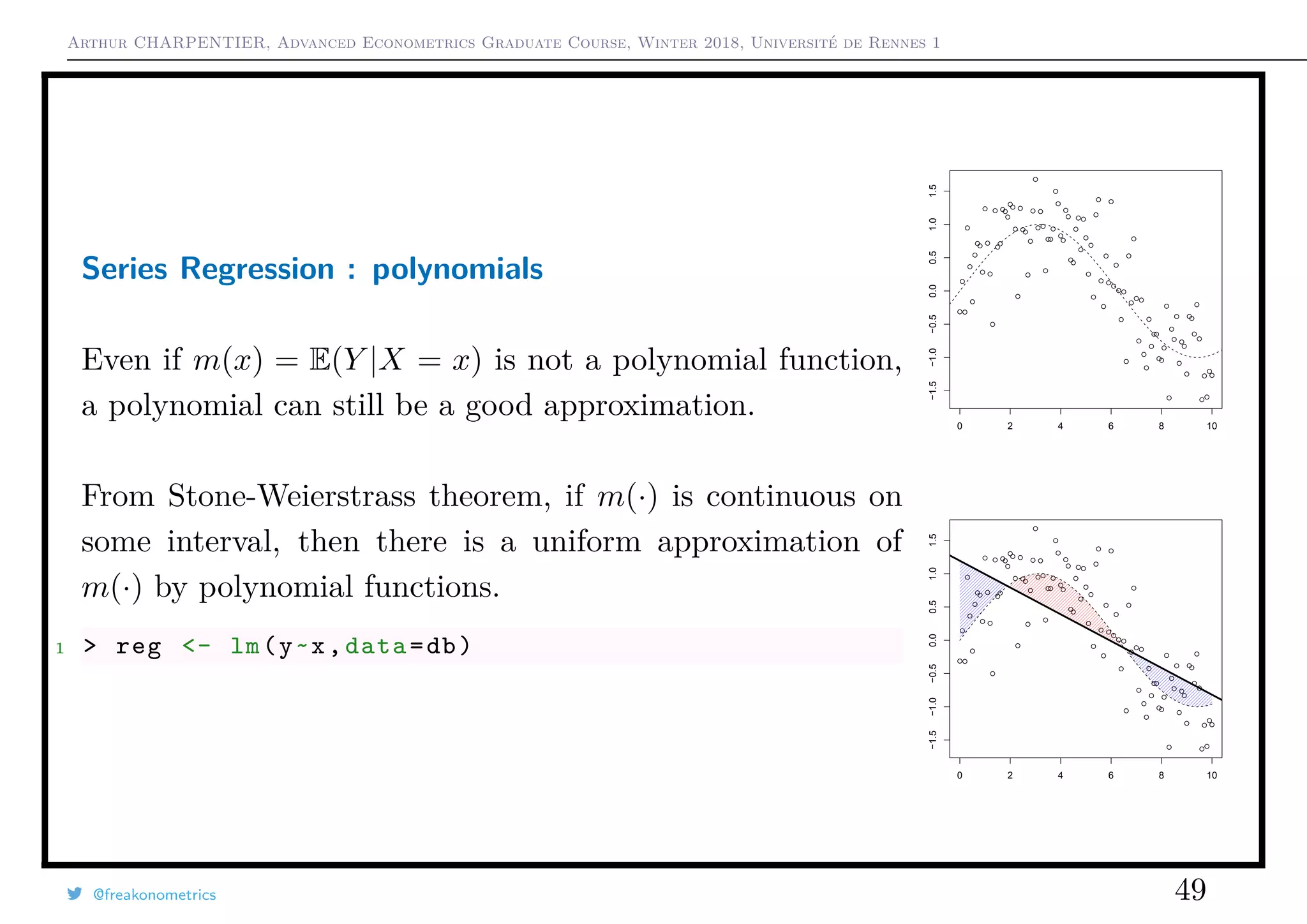 Arthur CHARPENTIER, Advanced Econometrics Graduate Course, Winter 2018, Université de Rennes 1
Series Regression : polynomials
Even if m(x) = E(Y |X = x) is not a polynomial function,
a polynomial can still be a good approximation.
From Stone-Weierstrass theorem, if m(·) is continuous on
some interval, then there is a uniform approximation of
m(·) by polynomial functions.
1 > reg <- lm(y~x,data=db)
q
q
q
q
q
q
q
qq
q
q
q
q
q
q
q
q
qq
q
qq
q
q
q
qq
q
q
q
q
q
q
q
q
qq
q
q
q
q
q
q
q
qq
q
q
q
q
q
q
q
q
q
q
q
q
q
q
q
q
q
q
q
q
q
q
q
q
q
q
q
q
q
q
q
qq
qq
q
q
q
q
q
q
q
q
q
q
qq
q
q
q
q
q
q
q
q
0 2 4 6 8 10
−1.5−1.0−0.50.00.51.01.5
q
q
q
q
q
q
q
qq
q
q
q
q
q
q
q
q
qq
q
qq
q
q
q
qq
q
q
q
q
q
q
q
q
qq
q
q
q
q
q
q
q
qq
q
q
q
q
q
q
q
q
q
q
q
q
q
q
q
q
q
q
q
q
q
q
q
q
q
q
q
q
q
q
q
qq
qq
q
q
q
q
q
q
q
q
q
q
qq
q
q
q
q
q
q
q
q
0 2 4 6 8 10
−1.5−1.0−0.50.00.51.01.5
@freakonometrics 49
 