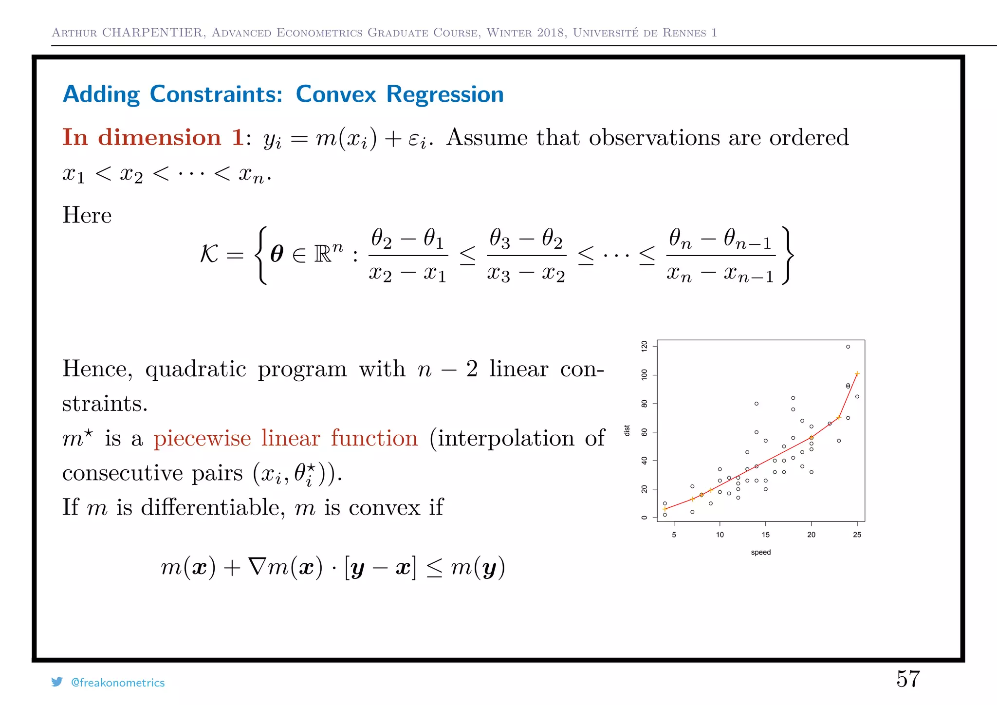 Arthur CHARPENTIER, Advanced Econometrics Graduate Course, Winter 2018, Université de Rennes 1
Adding Constraints: Convex Regression
In dimension 1: yi = m(xi) + εi. Assume that observations are ordered
x1 < x2 < · · · < xn.
Here
K = θ ∈ Rn
:
θ2 − θ1
x2 − x1
≤
θ3 − θ2
x3 − x2
≤ · · · ≤
θn − θn−1
xn − xn−1
Hence, quadratic program with n − 2 linear con-
straints.
m is a piecewise linear function (interpolation of
consecutive pairs (xi, θi )).
If m is diﬀerentiable, m is convex if
m(x) + m(x) · [y − x] ≤ m(y)
q
q
q
q
q
q
q
q
q
q
q
q
q
q
q
q
qq
q
q
q
q
q
q
q
q
q
q
q
q
q
q
q
q
q
q
q
q
q
q
q
q
q
q
q
q
qq
q
q
5 10 15 20 25
020406080100120
speed
dist
@freakonometrics 57
 