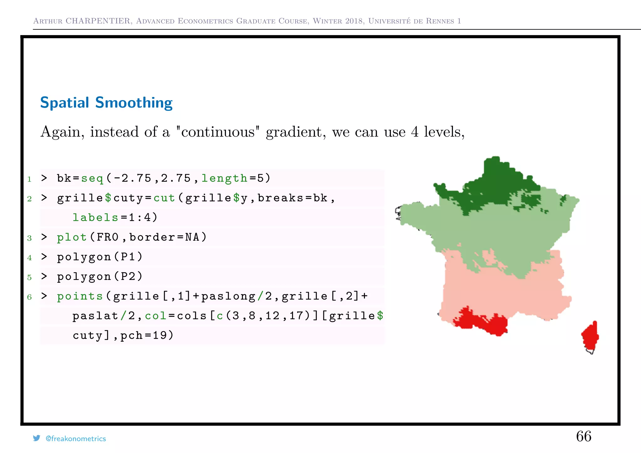 Arthur CHARPENTIER, Advanced Econometrics Graduate Course, Winter 2018, Université de Rennes 1
Spatial Smoothing
Again, instead of a "continuous" gradient, we can use 4 levels,
1 > bk=seq ( -2.75 ,2.75 , length =5)
2 > grille$cuty=cut(grille$y,breaks=bk ,
labels =1:4)
3 > plot(FR0 ,border=NA)
4 > polygon(P1)
5 > polygon(P2)
6 > points(grille [ ,1]+ paslong/2,grille [ ,2]+
paslat/2,col=cols[c(3 ,8 ,12 ,17)][ grille$
cuty],pch =19)
@freakonometrics 66
 