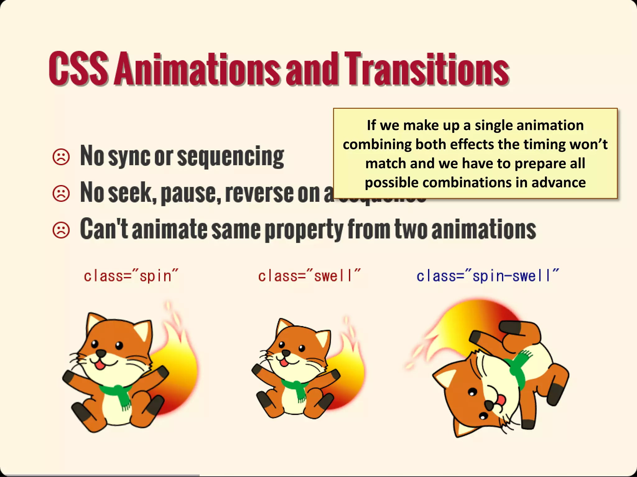 If we make up a single animation
combining both effects the timing won’t
match and we have to prepare all
possible combinations in advance

 