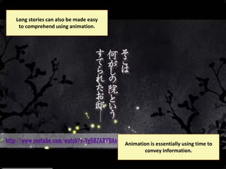 Long stories can also be made easy
to comprehend using animation.

Animation is essentially using time to
convey information.

 