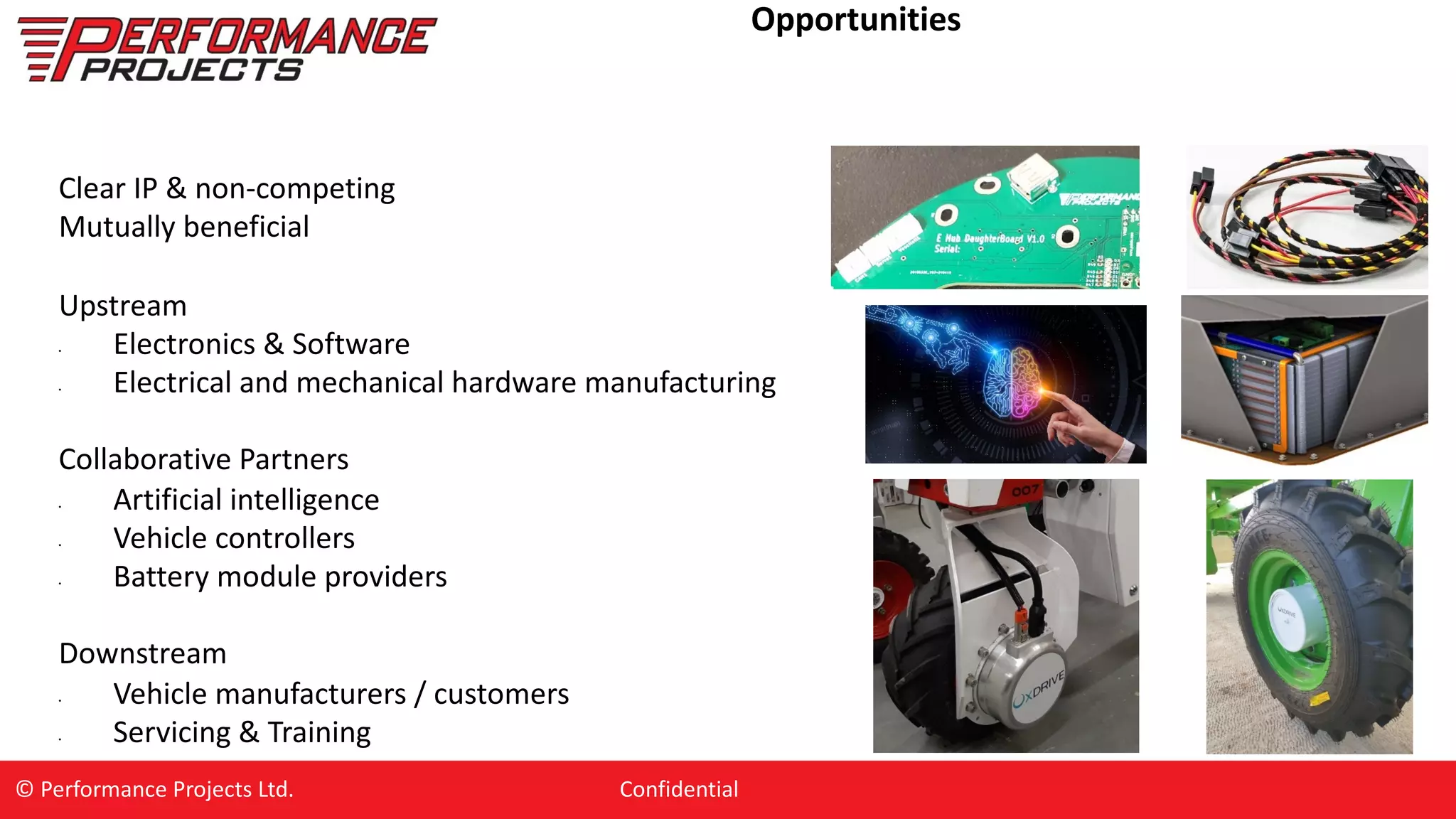 Opportunities
Clear IP & non-competing
Mutually beneficial
Upstream
• Electronics & Software
• Electrical and mechanical hardware manufacturing
Collaborative Partners
• Artificial intelligence
• Vehicle controllers
• Battery module providers
Downstream
• Vehicle manufacturers / customers
• Servicing & Training
© Performance Projects Ltd. Confidential
 