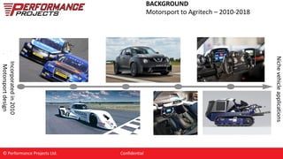 BACKGROUND
Motorsport to Agritech – 2010-2018
•
Incorporated
in
2010
•
Motorsport
design
© Performance Projects Ltd. Confidential
Niche
vehicle
applications
 