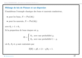 Arthur CHARPENTIER - Actuariat de l’Assurance Non-Vie, # 1
Mélange de lois de Poisson et sur-dispersion
Considérons l’exemple classique des bons et mauvais conducteur,
• pour les bons, N ∼ Poi(λθ1)
• pour les mauvais, N ∼ Poi(λθ2)
avec θ2 > 1 > θ1.
Si la proportion de bons risques est ,
Θ =



θ1, avec une probabilité ,
θ2, avec une probabilité 1 − ,
où θ1, θ2 et sont contraints par
E[Θ] = θ1 + (1 − )θ2 = 1.
@freakonometrics 27
 