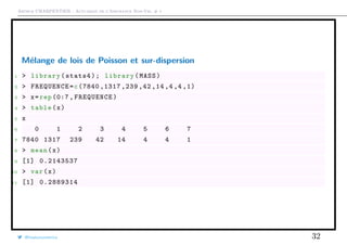 Arthur CHARPENTIER - Actuariat de l’Assurance Non-Vie, # 1
Mélange de lois de Poisson et sur-dispersion
1 > library(stats4); library(MASS)
2 > FREQUENCE=c(7840 ,1317 ,239 ,42 ,14 ,4 ,4 ,1)
3 > x=rep (0:7 , FREQUENCE)
4 > table(x)
5 x
6 0 1 2 3 4 5 6 7
7 7840 1317 239 42 14 4 4 1
8 > mean(x)
9 [1] 0.2143537
10 > var(x)
11 [1] 0.2889314
@freakonometrics 32
 