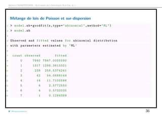 Arthur CHARPENTIER - Actuariat de l’Assurance Non-Vie, # 1
Mélange de lois de Poisson et sur-dispersion
1 > model.nb=goodfit(x,type="nbinomial",method="ML")
2 > model.nb
3
4 Observed and fitted values for nbinomial distribution
5 with parameters estimated by ‘ML’
6
7 count observed fitted
8 0 7840 7847.0055590
9 1 1317 1288.3613321
10 2 239 256.5374241
11 3 42 54.0688144
12 4 14 11.7105586
13 5 4 2.5772550
14 6 4 0.5732035
15 7 1 0.1284389
@freakonometrics 36
 