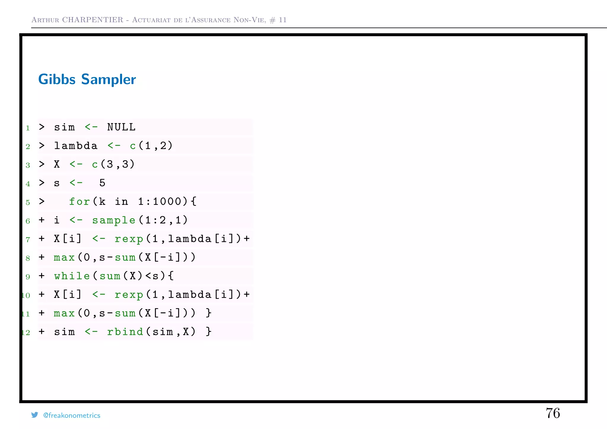 Arthur CHARPENTIER - Actuariat de l’Assurance Non-Vie, # 11
Gibbs Sampler
1 > sim <- NULL
2 > lambda <- c(1 ,2)
3 > X <- c(3 ,3)
4 > s <- 5
5 > for(k in 1:1000){
6 + i <- sample (1:2 ,1)
7 + X[i] <- rexp(1, lambda[i])+
8 + max(0,s-sum(X[-i]))
9 + while(sum(X)<s){
10 + X[i] <- rexp(1, lambda[i])+
11 + max(0,s-sum(X[-i])) }
12 + sim <- rbind(sim ,X) }
@freakonometrics 76
q
q
q
qqq
q
q q qqq
q q q
q
q
qqq qq
qqq q
qq qq
qqq q
q q
q
qq q
q qq qq
qq
qq
q
qq
q q
qq q
q qq
q q
q
q
qq
q
q
q
q
q
qq qq qq
qq
q
qq qqq qq qq
q q
q qqqq qq q
qq
q qqqqq
q qqq
q
q q
qqq q q
qq
q q
q
q
qq q
qq q
q
q
q
qq
qq
q
qqq
q
qq q qq qq
q
q
q
qq
q qq
qq q
qq
q qq
qq
q q
qqq qq
q
q qq q
q
qq
q
qq
q
q
q q
q
qq qq
q
q qq
q
q qq
q q
q
q
qqq
q q
q
qq q
qq
q
qq
q
q
q
q
q q
q
qqqq q q q
q
q
q
q
qq
qq
qqq
qq
qq
q q
q
q
q q
q
q
qq
q
qq
q
q qqqqq q
q
q
qq qq
q qqqq qq
q
qq
qqqq qq qq
qq
q
qq qq
q
q
q
q
q q
q
q
q
q
q q q
qq
qq
qqq
qq qqq
q
q
q qqqq qq
q q qq
q qq
q
q
q
q
q q
q
qq q
q
q q
q
q qq q
q
qq q
q q
qq
q qq
qq
qq
q
q
q q qqqq
qq
q
qq
q q
q q
qqq
q
qq
q
q
q
q
qq
q
q
qq q
qqq qq
q
q
qq
q
q
q qq q
q qqq
qqqq
q qq
q
q
q
q
q q
q qq qqq q
qq qq
q
qqq qq
q
q qq
q q qqqq q
q
q qq
q
q
q
qq
q
q
q
q
q q
qq qq
q qq
q
qqq q q
q q
q
qq
qq
q
q qqq
qq q
q
qq q
q
qq
q q qq
qq
q
qq q qq
q
qq q q
q
qq
q qq
q q
qq q
qq q q
qq
q qq
q qq
q
qq
q q
q
qq
q
q
q
q qq qqq
q
q
qq qq
q q
qq
q
q
q q
q
qq
q
qq
q
qq qq q qqq
q q
q
q q
q
qq q
qq
q
q
q
q q
qq q q
q
q
q
qq
q q
qqq qqq
q q q
qqq
qq
qq
q
q
q
q
q
q
q q q
qq
q qq q
qq
q
q qq qq qq q
q
q qqqqq q
q
q
q
q
qq
q
qqqq q q
q
q
qq
qq
q q q
q
q
qq
qqq
qq
q qq q
qq
qq q
qq q
q qq qqqq
q
qqq
q q
qq q
q
q
q qq q
qqq q
q
qq q
q q
qq q
q q
q
q
q
q
qq
qq q
q
q
qq
q
qqq
q qq
q
q
q
q
q
qq
qqq
qq
q
q
q
q q
q q qqq
qq q
q
qq qq q
q
q q
q q
qq
q
qq q
q q
qq
qq q q
q qqqqq
q qq
q q
q
qqq
q
q
q qqq
q
q
qq
q
qq q
q qqq
q
qqq
qqq qq
q
qqqq
qqq
q
q
qq
q
q qq qq
qq q q q
qq q
q
q q
q
q q
q
qq
q
q
qq
q
q
qq
qqq q q
qq
q
q
q q
q
qqq q qqq qq q
q
qq qqqq
qq
q
q q
q
q
q
q
q qq
q
q
q q
q
qqq
q qq
qq
qq
qq
q qqqqqq q qq q qq qq
q qq qq
q
q
q
q
sim[,1]
sim[,2]
q
q
q
qqq
q
q q qqq
q q q
q
q
qq
q qq
qqq q
qq qq
qqq q
q q
q
qq q
q qq qq
qq
qq
q
qq
q q
qq q
q qq
q q
q
q
qq
q
q
q
q
q
qq qq qq
qq
q
qq qqq qq q q
q q
q qqqq qq q
qq
q qqqqq
q q qq
q
q q
qqq q q
qq
q q
q
q
qq q
qq q
q
q
q
qq
qq
q
qqq
q
qq q qq q
q
q
q
q
qq
q qq
qq q
qq
q qq
qq
q q
qqq qq
q
q qq q
q
qq
q
qq
q
q
q q
q
q q qq
q
q qq
q
q qq
q q
q
q
qqq
q q
q
qq q
qq
q
qq
q
q
q
q
q q
q
qqqq q q q
q
q
q
q
qq
qq
q qq
qq
qq
q q
q
q
q q
q
q
qq
q
qq
q
q qqqqq q
q
q
qq qq
q qqqq qq
q
qq
qqqq qq qq
qq
q
qq qq
q
q
q
q
q q
q
q
q
q
q q q
qq
qq
qqq
qq qqq
q
q
q qqqq qq
q q qq
q qq
q
q
q
q
q q
q
qq q
q
q q
q
q qq q
q
qq q
q q
qq
q qq
qq
qq
q
q
q q qqqq
qq
q
qq
q q
q q
qqq
q
qq
q
q
q
q
qq
q
q
qq q
qqq qq
q
q
qq
q
q
q qq q
q qqq
q qqq
q qq
q
q
q
q
q q
q qq qqq q
qq qq
q
qq q qq
q
q qq
q q qq qq q
q
q qq
q
q
q
qq
q
q
q
q
q q
qq qq
q qq
q
qqq q q
q q
q
qq
qq
q
q qqq
qq q
q
qq q
q
qq
q q qq
qq
q
q q q qq
q
qq q q
q
qq
q qq
q q
qq q
qq q q
qq
q qq
q qq
q
qq
q q
q
qq
q
q
q
q qq qqq
q
q
qq qq
q q
qq
q
q
q q
q
qq
q
qq
q
qq qq q qqq
q q
q
q q
q
qq q
qq
q
q
q
q q
qq q q
q
q
q
qq
q q
qqq qqq
q q q
qqq
qq
qq
q
q
q
q
q
q
q q q
qq
q qq q
qq
q
q qq qq qq q
q
q qqqqq q
q
q
q
q
qq
q
qqqq q q
q
q
qq
qq
q q q
q
q
qq
qqq
qq
q qq q
qq
qq q
qq q
q qq qqqq
q
qqq
q q
qq q
q
q
q qq q
qqq q
q
qq q
q q
qq q
q q
q
q
q
q
qq
qq q
q
q
qq
q
qqq
q qq
q
q
q
q
q
qq
qqq
qq
q
q
q
q q
q q qqq
qq q
q
qq qq q
q
q q
q q
qq
q
qq q
q q
qq
qq q q
q qqqqq
q qq
q q
q
q
qq
q
q
q qqq
q
q
qq
q
qq q
q qqq
q
qqq
qqq qq
q
q
qqq
qqq
q
q
qq
q
q qq qq
qq q q q
qq q
q
q q
q
q q
q
qq
q
q
qq
q
q
qq
qqq q q
qq
q
q
q q
q
qqq q qqq qq q
q
qq qqqq
qq
q
q q
q
q
q
q
q qq
q
q
q q
q
qq
q
q qq
qq
qq
qq
q qqqqq q q qq q qq qq
q qq qq
q
q
q
q
0 2 4 6 8 10
012345
 