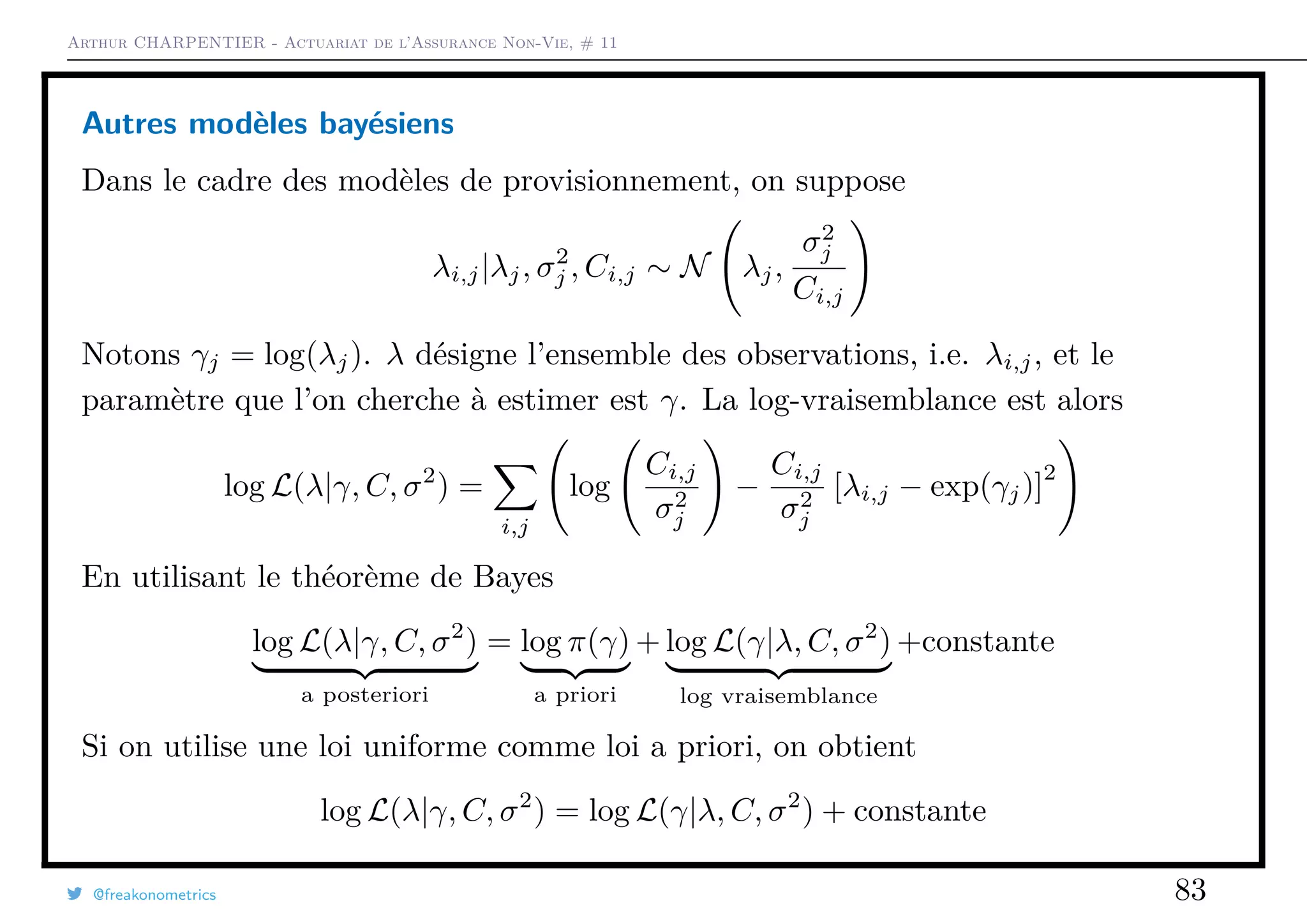 Arthur CHARPENTIER - Actuariat de l’Assurance Non-Vie, # 11
Autres modèles bayésiens
Dans le cadre des modèles de provisionnement, on suppose
λi,j|λj, σ2
j , Ci,j ∼ N λj,
σ2
j
Ci,j
Notons γj = log(λj). λ désigne l’ensemble des observations, i.e. λi,j, et le
paramètre que l’on cherche à estimer est γ. La log-vraisemblance est alors
log L(λ|γ, C, σ2
) =
i,j
log
Ci,j
σ2
j
−
Ci,j
σ2
j
[λi,j − exp(γj)]
2
En utilisant le théorème de Bayes
log L(λ|γ, C, σ2
)
a posteriori
= log π(γ)
a priori
+ log L(γ|λ, C, σ2
)
log vraisemblance
+constante
Si on utilise une loi uniforme comme loi a priori, on obtient
log L(λ|γ, C, σ2
) = log L(γ|λ, C, σ2
) + constante
@freakonometrics 83
 