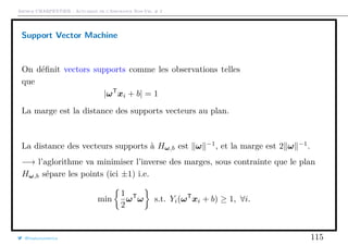 Arthur CHARPENTIER - Actuariat de l’Assurance Non-Vie, # 2
Support Vector Machine
On déﬁnit vectors supports comme les observations telles
que
|ωT
xi + b| = 1
La marge est la distance des supports vecteurs au plan.
La distance des vecteurs supports à Hω,b est ω −1
, et la marge est 2 ω −1
.
−→ l’aglorithme va minimiser l’inverse des marges, sous contrainte que le plan
Hω,b sépare les points (ici ±1) i.e.
min
1
2
ωT
ω s.t. Yi(ωT
xi + b) ≥ 1, ∀i.
@freakonometrics 115
 