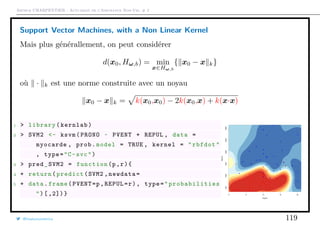 Arthur CHARPENTIER - Actuariat de l’Assurance Non-Vie, # 2
Support Vector Machines, with a Non Linear Kernel
Mais plus générallement, on peut considérer
d(x0, Hω,b) = min
x∈Hω,b
{ x0 − x k}
où · k est une norme construite avec un noyau
x0 − x k = k(x0,x0) − 2k(x0,x) + k(x·x)
1 > library(kernlab)
2 > SVM2 <- ksvm(PRONO ~ PVENT + REPUL , data =
myocarde , prob.model = TRUE , kernel = "rbfdot"
, type="C-svc")
3 > pred_SVM2 = function(p,r){
4 + return(predict(SVM2 ,newdata=
5 + data.frame(PVENT=p,REPUL=r), type=" probabilities
")[ ,2])} 0 5 10 15 20
50010001500200025003000
PVENT
REPUL
q
q
q
q
q
q
q
q
q
q
q
q
q q
q
q
q
qq
q
q
q
q
q
q
q
q
q
q
q
q
q
q
q
q
q
q
q
q
q
q
q
q
q
q
q
q
q
q
q
q
q
q
q
q
q
q
q
q
q
q
q
q
q
q
q
q
q
q
q
q
@freakonometrics 119
 