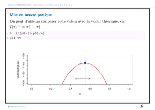 Arthur CHARPENTIER - Actuariat de l’Assurance Non-Vie, # 2
Mise en oeuvre pratique
On peut d’ailleurs comparer cette valeur avec la valeur théorique, car
I(π)−1
= π(1 − π)
1 > 1/(p0*(1-p0)/n)
2 [1] 80
0.0 0.2 0.4 0.6 0.8 1.0
−16.0−15.0−14.0−13.0
p
Vectorize(logL)(p)
q
@freakonometrics 16
 