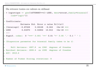 Arthur CHARPENTIER - Actuariat de l’Assurance Non-Vie, # 2
On retrouve toutes ces valeurs en utilisant
1 > logistique <- glm (( ATTORNEY ==1)~LOSS , data=avocat ,family=binomial(
link="logit"))
2
3 Coefficients :
4 Estimate Std. Error z value Pr(>|z|)
5 (Intercept) -0.87208 0.09128 -9.553 <2e-16 ***
6 LOSS 0.31670 0.02902 10.912 <2e-16 ***
7 ---
8 Signif. codes: 0 ‘***’ 0.001 ‘**’ 0.01 ‘*’ 0.05 ‘.’ 0.1 ‘ ’ 1
9
10 ( Dispersion parameter for binomial family taken to be 1)
11
12 Null deviance: 1857.6 on 1340 degrees of freedom
13 Residual deviance: 1609.4 on 1338 degrees of freedom
14 AIC: 1613.4
15
16 Number of Fisher Scoring iterations: 8
@freakonometrics 35
 
