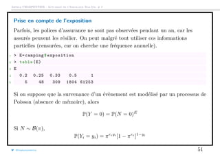 Arthur CHARPENTIER - Actuariat de l’Assurance Non-Vie, # 2
Prise en compte de l’exposition
Parfois, les polices d’assurance ne sont pas observées pendant un an, car les
assurés peuvent les résilier. On peut malgré tout utiliser ces informations
partielles (censurées, car on cherche une fréquence annuelle).
1 > E=camping$exposition
2 > table(E)
3 E
4 0.2 0.25 0.33 0.5 1
5 5 48 309 1804 61253
Si on suppose que la survenance d’un évènement est modélisé par un processus de
Poisson (absence de mémoire), alors
P(Y = 0) = P(N = 0)E
Si N ∼ B(π),
P(Yi = yi) = πeiyi
[1 − πei
]1−yi
@freakonometrics 51
 