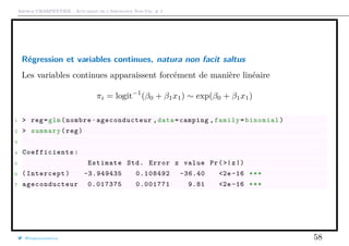 Arthur CHARPENTIER - Actuariat de l’Assurance Non-Vie, # 2
Régression et variables continues, natura non facit saltus
Les variables continues apparaissent forcément de manière linéaire
πi = logit−1
(β0 + β1x1) ∼ exp(β0 + β1x1)
1 > reg=glm(nombre~ageconducteur ,data=camping ,family=binomial)
2 > summary(reg)
3
4 Coefficients :
5 Estimate Std. Error z value Pr(>|z|)
6 (Intercept) -3.949435 0.108492 -36.40 <2e -16 ***
7 ageconducteur 0.017375 0.001771 9.81 <2e -16 ***
@freakonometrics 58
 
