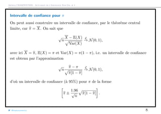 Arthur CHARPENTIER - Actuariat de l’Assurance Non-Vie, # 2
Intervalle de conﬁance pour π
On peut aussi construire un intervalle de conﬁance, par le théorème central
limite, car π = X. On sait que
√
n
X − E(X)
Var(X)
L
→ N(0, 1),
avec ici X = π, E(X) = π et Var(X) = π(1 − π), i.e. un intervalle de conﬁance
est obtenu par l’approximation
√
n
π − π
π[1 − π]
L
→ N(0, 1),
d’où un intervalle de conﬁance (à 95%) pour π de la forme
π ±
1.96
√
n
π[1 − π] .
@freakonometrics 8
 