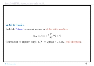 Arthur CHARPENTIER - Actuariat de l’Assurance Non-Vie, # 3
La loi de Poisson
La loi de Poisson est connue comme la loi des petits nombres,
P(N = k) = e−λ λk
k!
, ∀k ∈ N.
Pour rappel (cf premier cours), E(N) = Var(N) = λ ∈ R+, équi-dispersion.
@freakonometrics 16
 