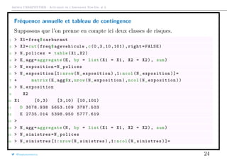 Arthur CHARPENTIER - Actuariat de l’Assurance Non-Vie, # 3
Fréquence annuelle et tableau de contingence
Supposons que l’on prenne en compte ici deux classes de risques.
1 > X1=freq$carburant
2 > X2=cut(freq$agevehicule ,c(0 ,3 ,10 ,101),right=FALSE)
3 > N_polices = table(X1 ,X2)
4 > E_agg=aggregate(E, by = list(X1 = X1 , X2 = X2), sum)
5 > N_exposition=N_polices
6 > N_exposition [1: nrow(N_exposition ) ,1:ncol(N_exposition)]=
7 + matrix(E_agg$x,nrow(N_ exposition),ncol(N_exposition))
8 > N_exposition
9 X2
10 X1 [0 ,3) [3 ,10) [10 ,101)
11 D 3078.938 5653.109 3787.503
12 E 2735.014 5398.950 5777.619
13 >
14 > N_agg=aggregate(N, by = list(X1 = X1 , X2 = X2), sum)
15 > N_sinistres=N_polices
16 > N_sinistres [1: nrow(N_sinistres) ,1:ncol(N_sinistres)]=
@freakonometrics 24
 