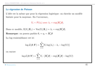 Arthur CHARPENTIER - Actuariat de l’Assurance Non-Vie, # 3
La régression de Poisson
L’idée est la même que pour la régression logistique: on cherche un modèle
linéaire pour la moyenne. En l’occurence,
Yi ∼ P(λi) avec λi = exp[Xiβ].
Dans ce modèle, E(Yi|Xi) = Var(Yi|Xi) = λi = exp[Xiβ].
Remarque: on posera parfois θi = ηi = Xiβ
La log-vraisemblance est ici
log L(β; Y ) =
n
i=1
[Yi log(λi) − λi − log(Yi!)]
ou encore
log L(β; Y ) =
n
i=1
Yi · [Xiβ] − exp[Xiβ] − log(Yi!)
@freakonometrics 41
 