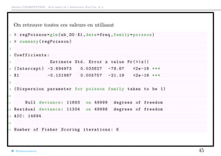 Arthur CHARPENTIER - Actuariat de l’Assurance Non-Vie, # 3
On retrouve toutes ces valeurs en utilisant
1 > regPoisson=glm(nb_DO~X1 ,data=freq ,family=poisson)
2 > summary(regPoisson)
3
4 Coefficients :
5 Estimate Std. Error z value Pr(>|z|)
6 (Intercept) -2.694973 0.033827 -79.67 <2e-16 ***
7 X1 -0.121987 0.005757 -21.19 <2e-16 ***
8
9 ( Dispersion parameter for poisson family taken to be 1)
10
11 Null deviance: 11893 on 49999 degrees of freedom
12 Residual deviance: 11334 on 49998 degrees of freedom
13 AIC: 14694
14
15 Number of Fisher Scoring iterations: 6
@freakonometrics 45
 