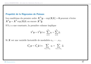 Arthur CHARPENTIER - Actuariat de l’Assurance Non-Vie, # 3
Propriété de la Régression de Poisson
Les conditions du premier ordre XT
[y − exp(Xβ)] = 0 peuvent s’écrire
XT
y = XT
exp(Xβ) ou encore XT
y.
S’il y a une constante, la première colonne implique
1T
y = 1T
y i.e.
n
i=1
yi =
n
i=1
yi
Si X est une variable factorielle de modalités a1, · · · , aJ ,
1T
aj
y = 1T
aj
y i.e.
i;xi=aj
yi =
i;xi=aj
yi
@freakonometrics 47
 